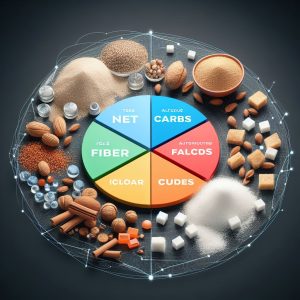 breaks down the concept of net carbs, with a visual representation of total carbs minus fiber and sugar alcohols.