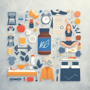 depicting a lifestyle collage, including elements like a gym, healthy food, a sleep icon, and stress-reduction activities like meditation and yoga.