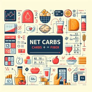 how to calculate net carbs, including the formula (Net Carbs = Total Carbs - Fiber - Sugar Alcohols), and use icons or illustrations to represent grams of each component.