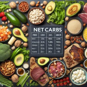 keto-friendly foods low in net carbs, such as avocados, non-starchy vegetables, nuts, and meat, along with their respective net carb counts.