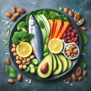 well-balanced keto plate with portions of fatty fish, non-starchy vegetables, and a serving of healthy fats like avocados and nuts.